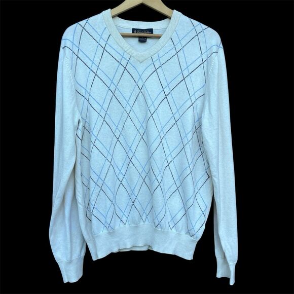 Brooks Brothers Men’s Supima Cotton Cream Blue Argyle V-Neck Sweater Size Medium - Picture 1 of 5